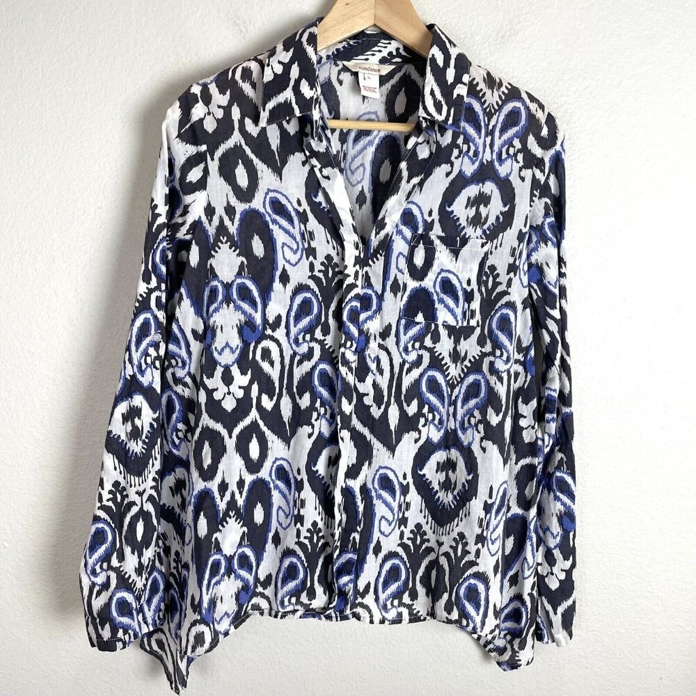 Sundance Womens Small Blue Ikat Print Tunic Blouse Long Sleeve Popover Shirt Top